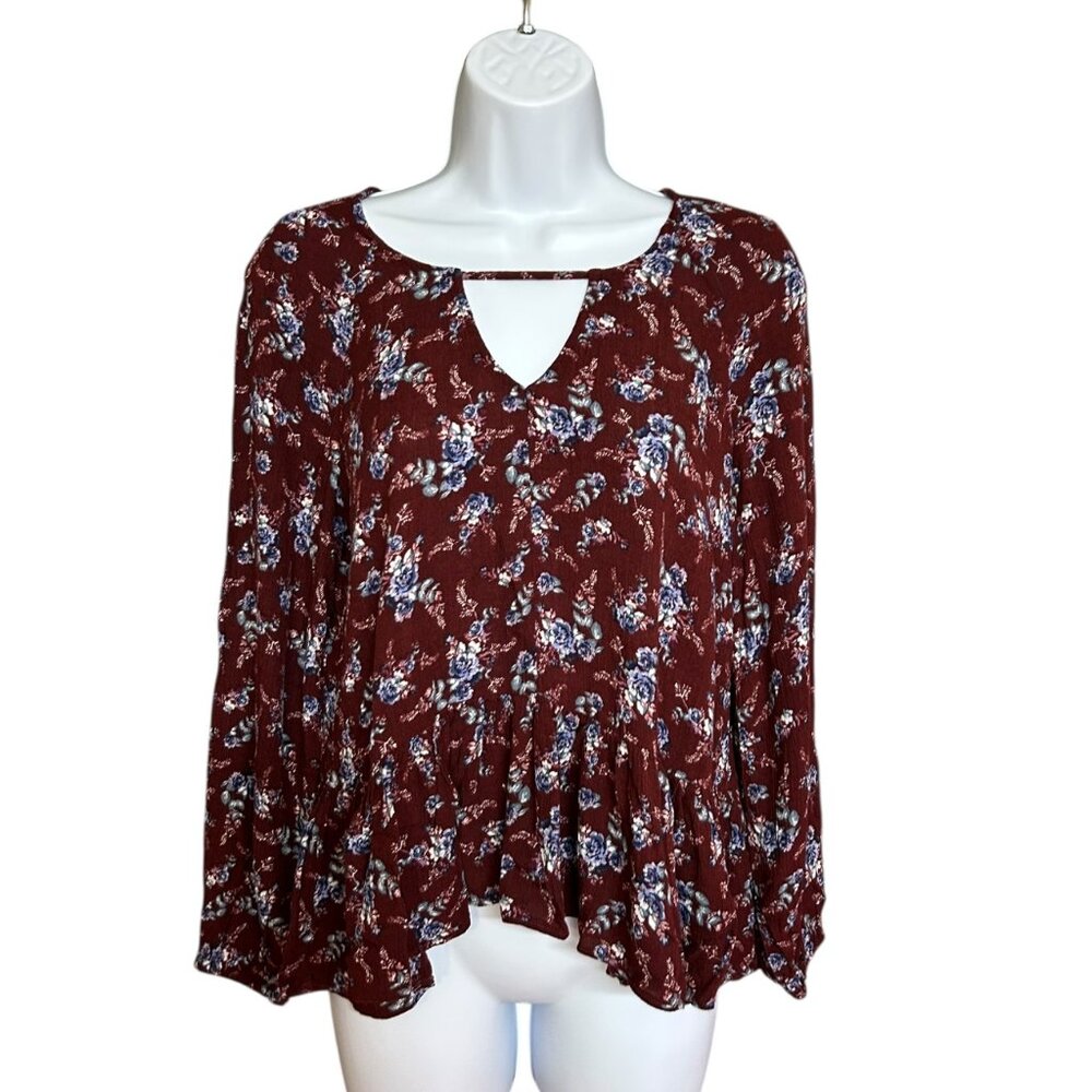American Eagle Outfitters Burgundy Floral Peplum Keyhole Blouse